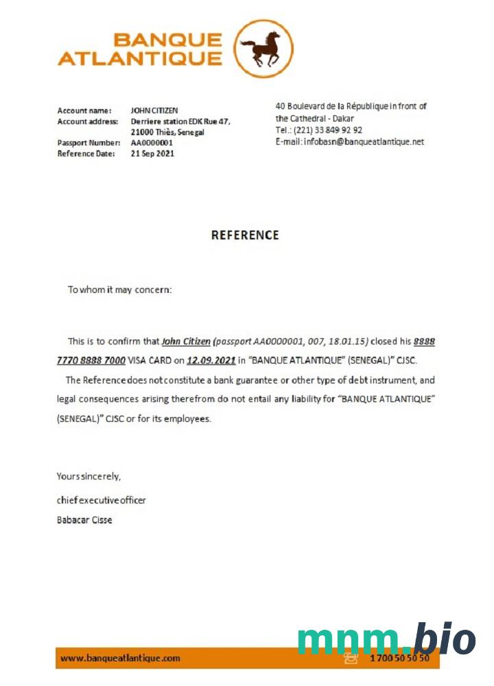 Przykład odniesienia do zamknięcia Senegal Banque Atlantique w formatach Word i PDF